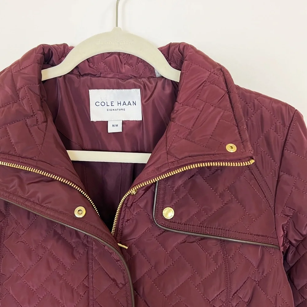 Cole Haan Signature Quilted Jacket Snap Full Zip Outerwear Coat Burgundy Medium - Picture 4 of 8